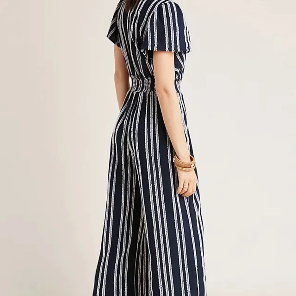 Anthropologie Dolan Navy Sz Small Left Coast Cotton Stripe Wide Leg Jumpsuit - Picture 2 of 9